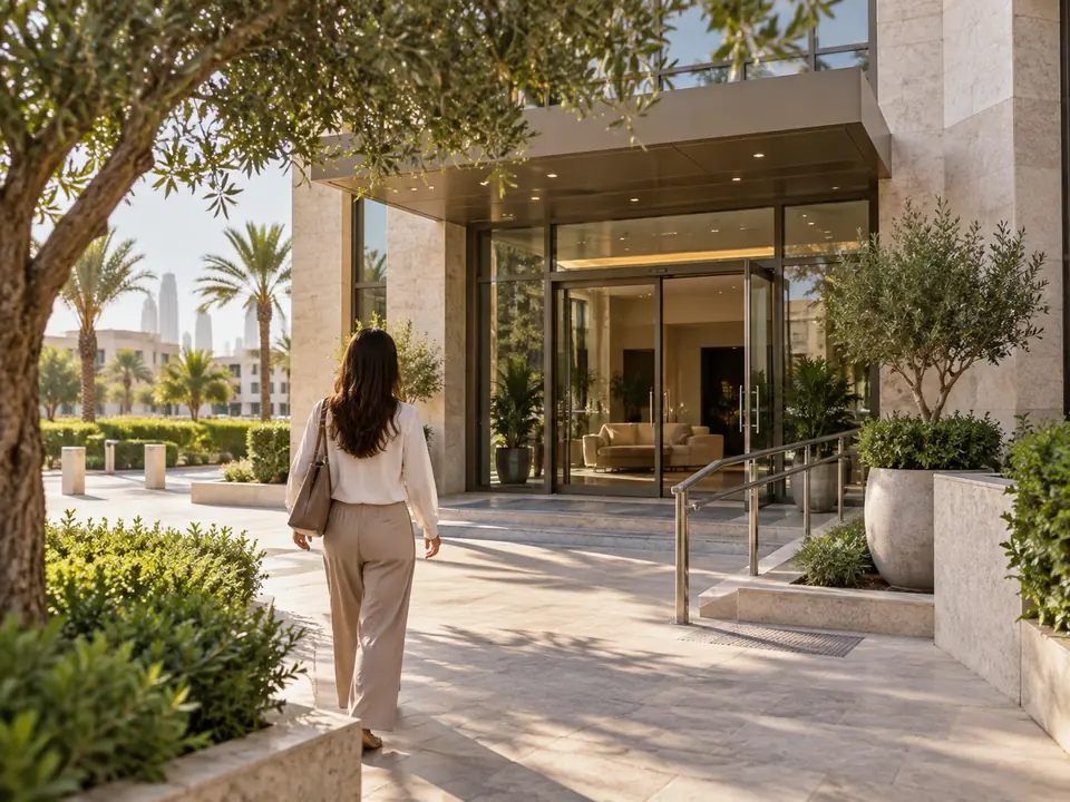 Illustrative unbranded healthcare building entrance in Dubai