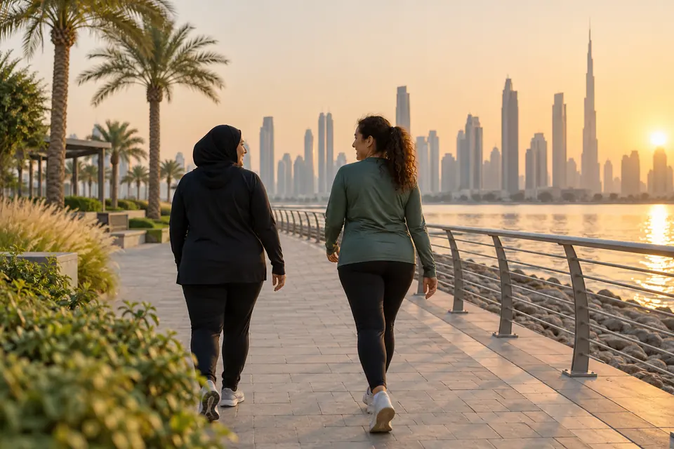 Two adults walking by a Dubai waterfront