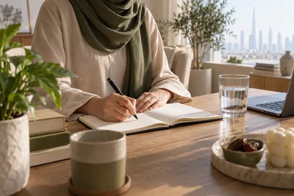 Illustrative adult preparing questions in a notebook before a consultation