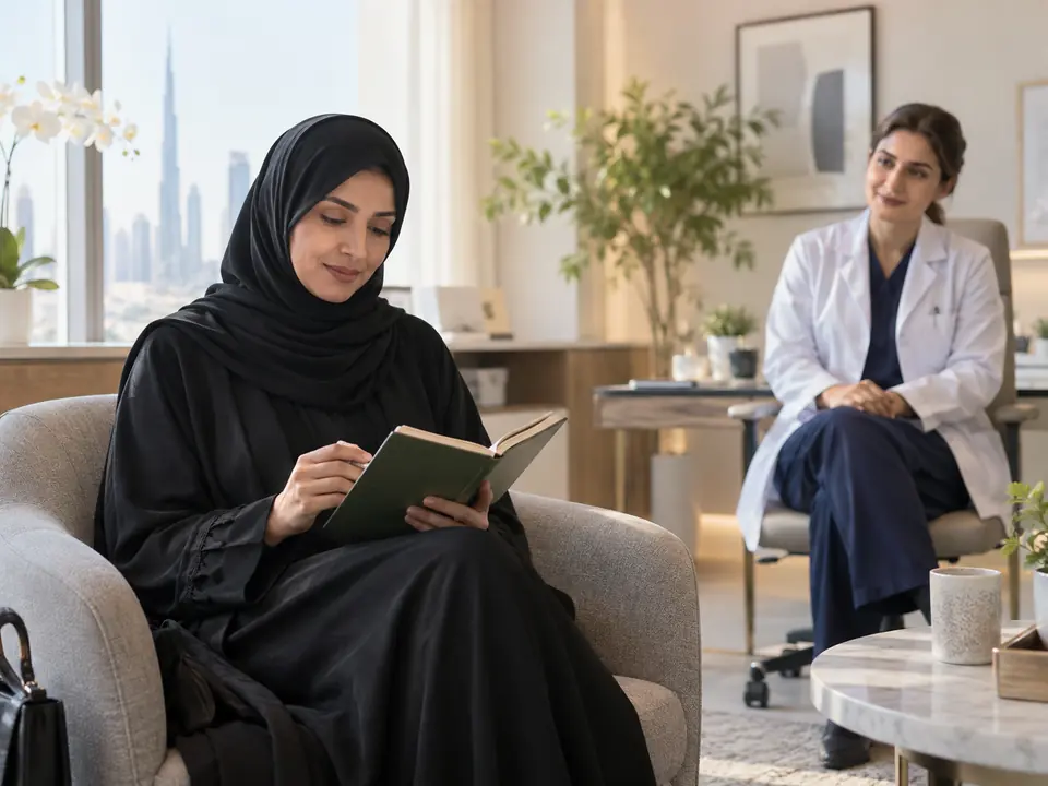 Illustrative adult reviewing a personal plan in a consultation room